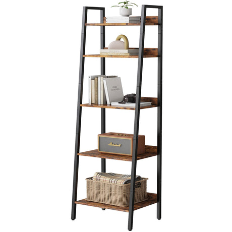 Bookshelf, Ladder Shelf with Steel Frame, 5-Tier Industrial Bookcase, Narrow Tiered Shelf for Small Space, Corner Shelf for Living Room, Home Office, Kitchen, Bedroom, Bathroom（Rustic Brown & Black） Homedawn