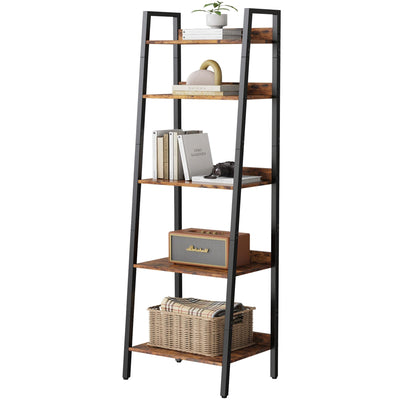 Bookshelf, Ladder Shelf with Steel Frame, 5-Tier Industrial Bookcase, Narrow Tiered Shelf for Small Space, Corner Shelf for Living Room, Home Office, Kitchen, Bedroom, Bathroom（Rustic Brown & Black）