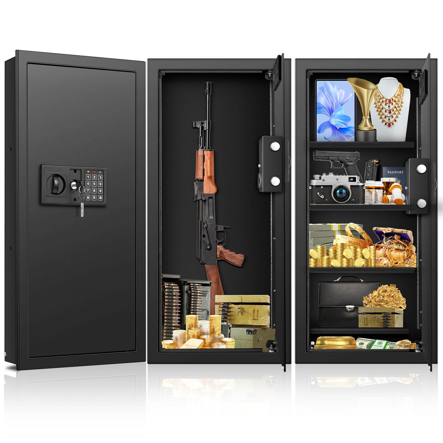 29.53" Tall Fireproof Wall Safes Between the Studs 16" Centers, Heavy Duty Electronic Hidden Safe with Removable Shelf, Home Safe for Firearms, Money, Jewelry, Passport