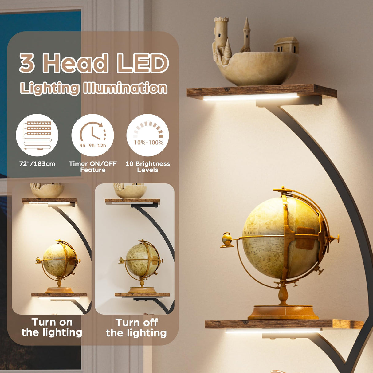 POZILAN 8 Tier Corner Shelf with LED Light, 62.2” Tall Display Shelf, Corner LED Bookshelf Display Cabinet Case with Lights, Collectibles Display Shelf for Living Room,Bedroom Decor POZILAN