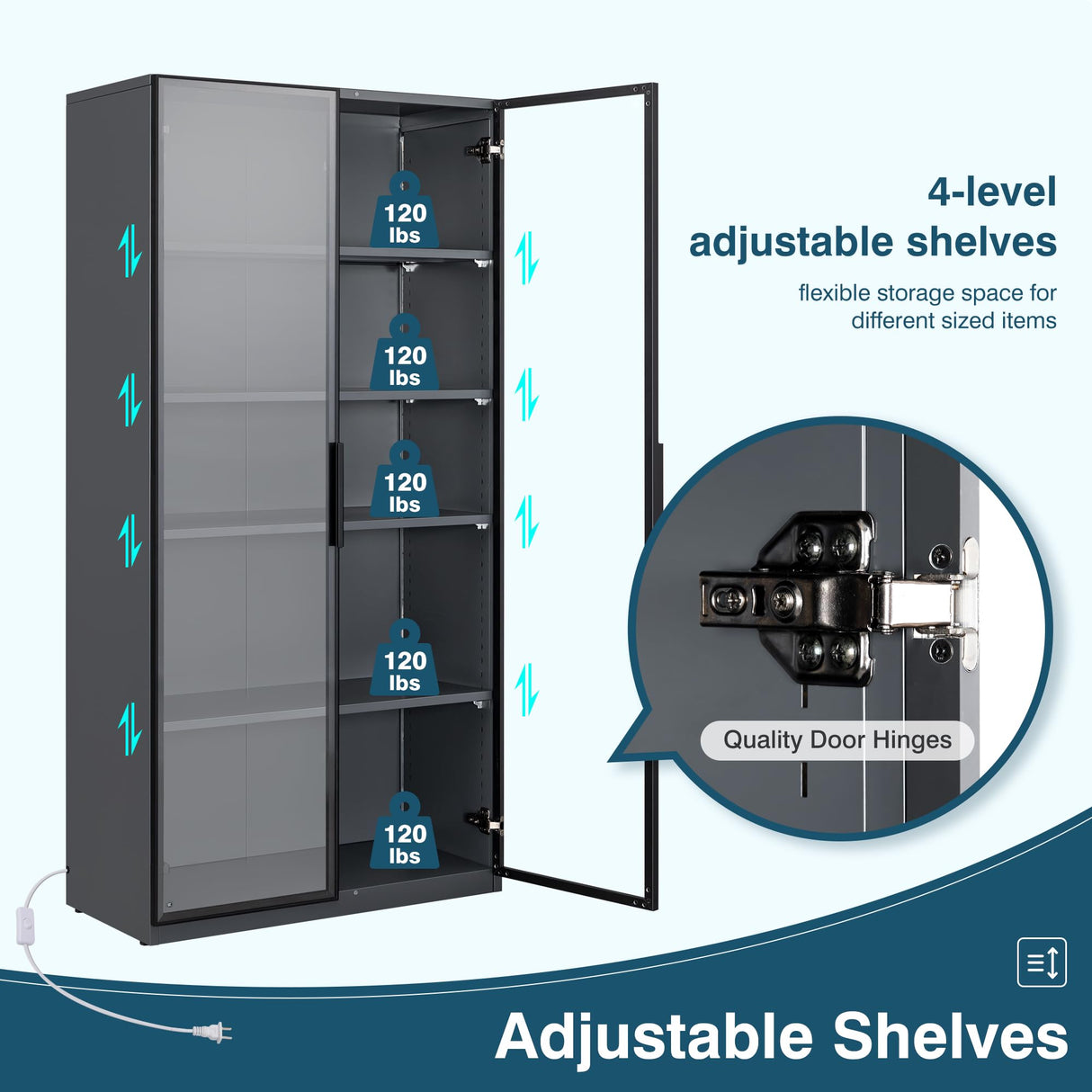 MIIIKO 63" Grey Glass Door Display Cabinet with 5 Shelves for Curios and Collectibles MIIIKO