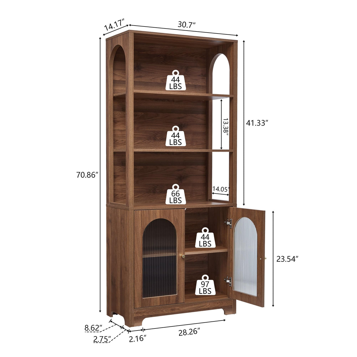 MAHYIZYI 71" Tall Bookshelf with Glass Doors, 5-Tier Arched Bookcase with Storage & Adjustable Shelf, Freestanding Wood Book Shelf Modern Farmhouse Display Cabinet for Living Room, Office (Walnut) MAHYIZYI