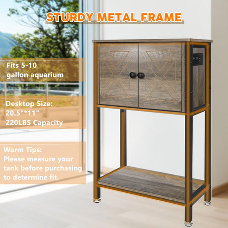 5-10 Gallon Fish Tank Stand, Heavy Duty Aquarium Stand with Cabinet & Power Outlets for Fish Tank Accessories Storage, Double Tank Stand 20.5" L* 11" W Tabletop, 220LBS Capacity, Grey BEURUKU
