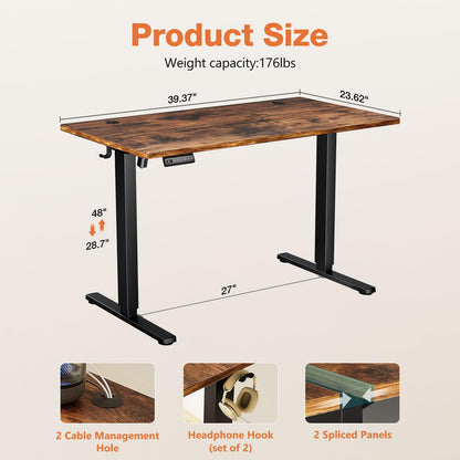 Sweetcrispy Electric Adjustable Height Standing Desk - 40 x 24 inch Sit to Stand Up Desk with Splice Board, Rising Home Office Computer Table with 2 Hook and Wire Hole for Work - WoodArtSupply