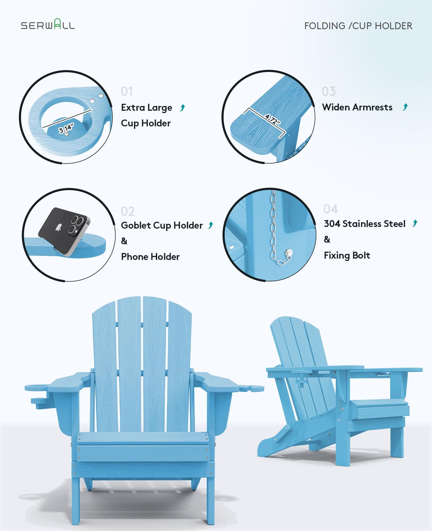 SERWALL Adirondack Chair with Cup Holders - Composite Adirondack Chairs HDPE Outdoor Chairs All Weather Use- Light Blue - WoodArtSupply