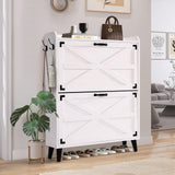 Homdox Shoe Storage Cabinet with 2 Flip Drawers, Farmhouse Narrow Shoe Cabinet with Barn Door Design, Freestanding Hidden Slim Shoe Organizer Cabinet for Entryway, Foyer, Hallway, White Homdox
