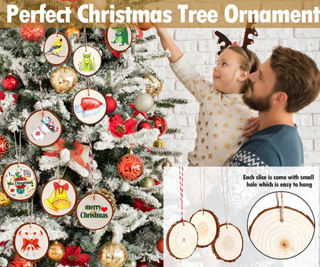 wohohoho 24pcs 2.4-2.8 inches Natural Wood Slices, Unfinished Craft Wood Kit Predrilled with Hole Thickened Wooden Circles with Bark for DIY Ornaments Christmas Wedding Decorations Wood Coasters Tags wohohoho