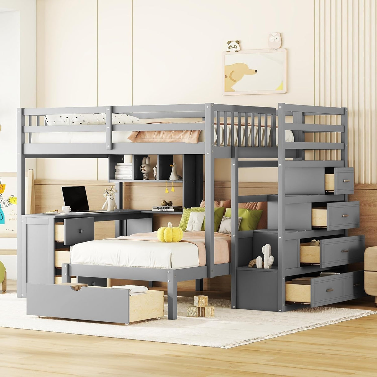 MERITLINE Full Over Twin L Shaped Bunk Bed with Stairs and Desk,Solid Wood L-Shaped Bunk Bed with Storage Drawers,Shelves,Ladder,Headboard and Guardrail,No Box Spring Needed (Grey) MERITLINE