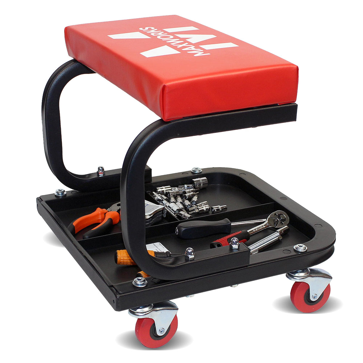 MaxWorks 50875 Mechanics Roller Seat, 250 LBS Capacity Padded Rolling Workshop Stool with Tool Tray Storage for Garage, Shop, Auto Repair MaxWorks
