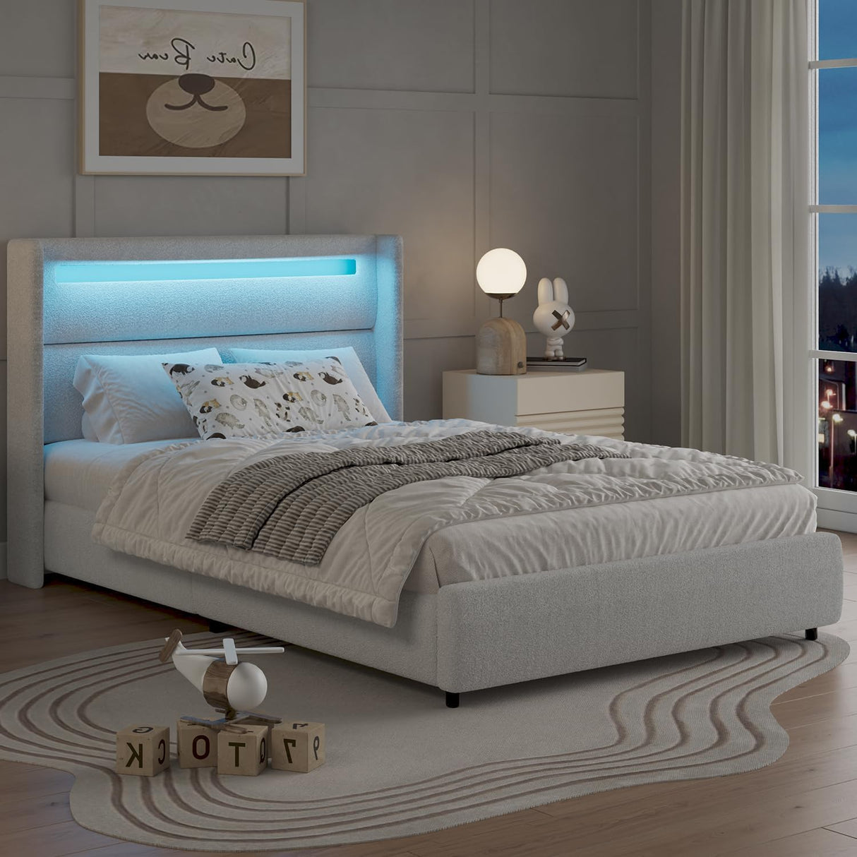 HOMBCK Twin Size Bed Frames with Headboard and LED Lights, Boucle Upholstered Platform Bed with Wingback Design, Modern Soft Bed Frame, No Box Spring Needed, Easy Assembly, White HOMBCK