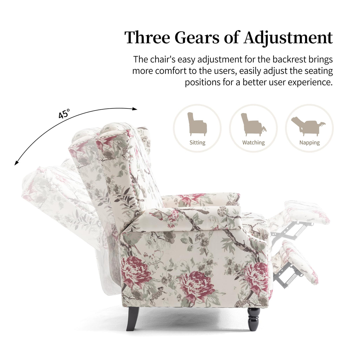 Pushback Recliner Chair Set of 2, Floral Fabric Wingback Recliner Chair, Upholstered Armchair Push Back Recliner, Rivet Trim Single Sofa Accent Chair with Wood Legs for Living Room, Plants Floral Lumibee