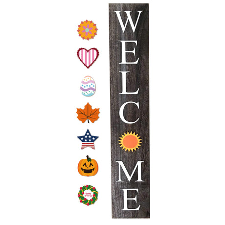 ALBEN Welcome Sign for Front Door Porch with Ornamental Tiles - 8 Interchangeable Seasonal Tiles, Celebrate Holidays and Seasons, Vertical Wooden Outdoor and Indoor Welcome Home Decor Sign (Gray) ALBEN