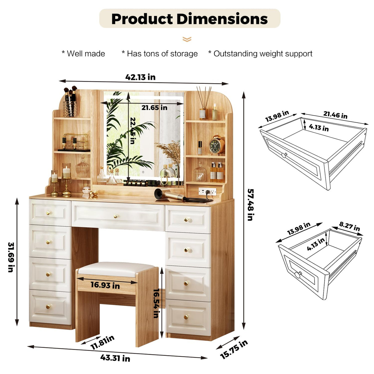 43" Makeup Vanity Desk with Mirror and Lights, & Power Outl, Glass Top Big Vanity Table with 9 Drawers& 8 Storage Shelves, Dressing Table Set with Chair for Bedroom, White+Oak Arulvmrn