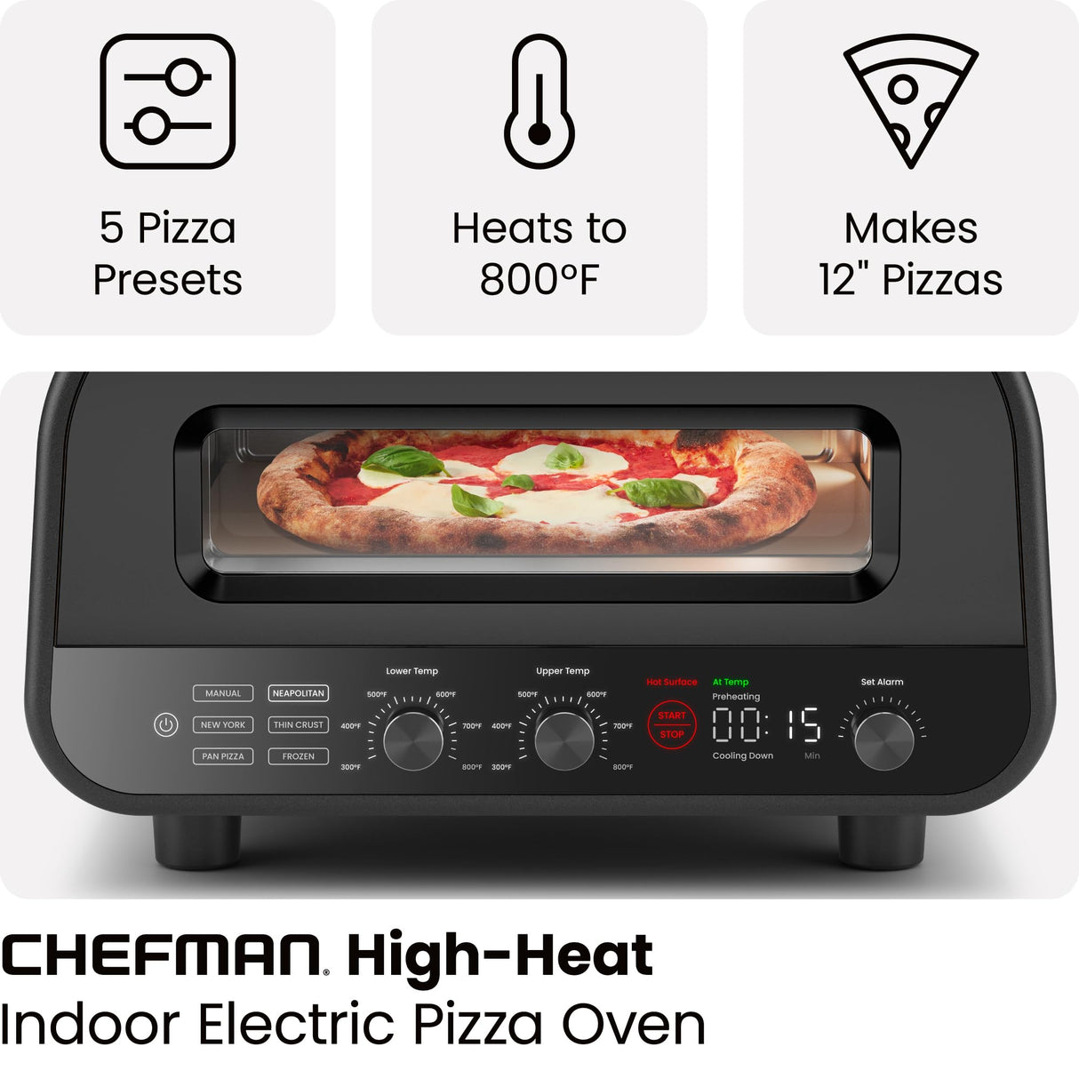 CHEFMAN Indoor Pizza Oven - Makes 12 Inch Pizzas in Minutes, Heats up to 800°F - Countertop Electric Pizza Maker with 5 Touchscreen Presets, Pizza Stone and Peel Included - Stainless Black Chefman