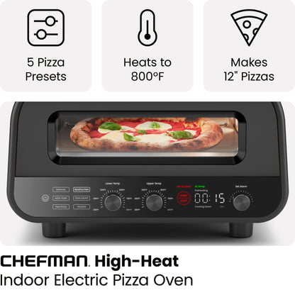 CHEFMAN Indoor Pizza Oven - Makes 12 Inch Pizzas in Minutes, Heats up to 800°F - Countertop Electric Pizza Maker with 5 Touchscreen Presets, Pizza Stone and Peel Included - Stainless Black