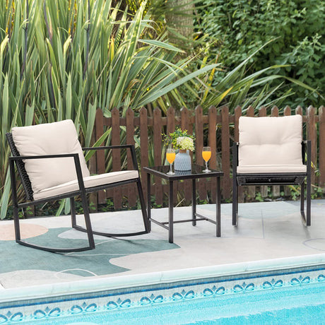 Greesum 3 Pieces Rocking Wicker Bistro Set, Patio Outdoor Furniture Conversation Sets with Porch Chairs and Glass Coffee Table, Beige Greesum