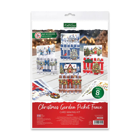 Katy Sue Christmas Garden Picket Fence Card Making Kit - 8 Shaped Cards, Die-Cut Embellishments, Background Scenes, Foam Pads, Instructions & 8 Envelopes for Christmas Card Making Supplies. UK-Made. Katy Sue