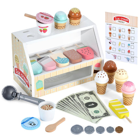 WHOHOLL Wooden Ice Cream Counter Playset for Toddler Girl Toys, Play Store Pretend Toy Food Play Kitchen Accessories with Fake Money & Coin, Gifts for 3-8 Year Old Kids WHOHOLL