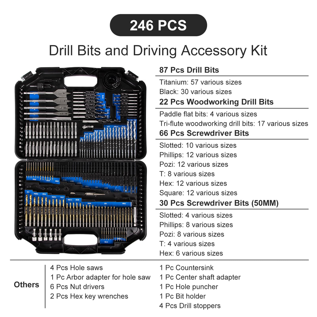 246-Piece Drill Bit and Screwdriver Bit Set for Impact Driver - Perfect for Wood, Masonry, Cement, and Metal - Includes Combo Kit for All Drilling Needs Worture