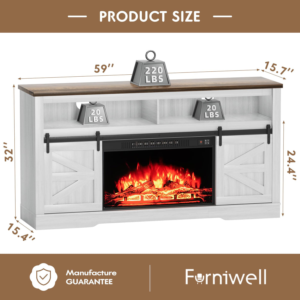 Furniwell Electric Fireplace TV Stand for TVs up to 65", Entertainment Center with 26” Fireplace Console Table with Sliding Barn Door and Adjustable Storage Shelves for Living Room (White) Furniwell