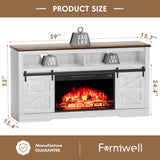 Furniwell Electric Fireplace TV Stand for TVs up to 65", Entertainment Center with 26” Fireplace Console Table with Sliding Barn Door and Adjustable Storage Shelves for Living Room (White) Furniwell