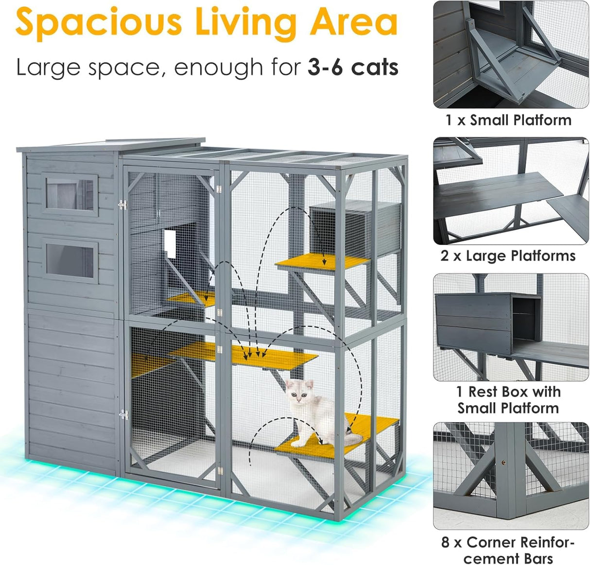 YDTOP Large Catio 4 Tiers Cat Enclosure House for Multiple Indoor Outdoor Cats with Weatherproof Roof, 4 Resting Rooms, 4 Platforms, 5 Windows, 70" H 32" W 77" L, Grey Green YDTOP