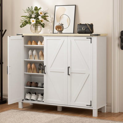 5-Tier Shoe Storage Cabinet, Farmhouse Shoe Rack Organizer Cabinet with 4 Adjustable Shelves & Side Cabinets, Freestanding Shoe Cabinet Storage with Anti-tip Fitting for Entryway, 46.1L×13.7W×40.6H