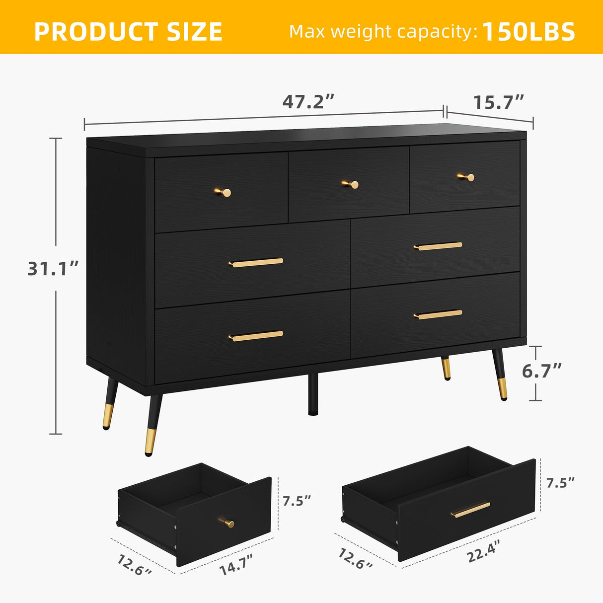 DWVO 7 Drawer Dresser,Black Wood Storage Dressers & Chests of Drawers,Gold Metal Handle ＆ Anti-Tipping Device, Modern Double Dresser Storage,TV Cabinet for Bedrom DWVO