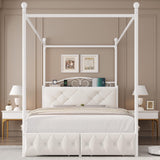 Queen Upholstered Canopy Bed Frame with 2 Drawers & Crystal Tufted Storage Headboard Metal Platform Bed with Charging Station & 4 Removable Posts No Box Spring Needed Curtain Not Included, Beige Keyluv