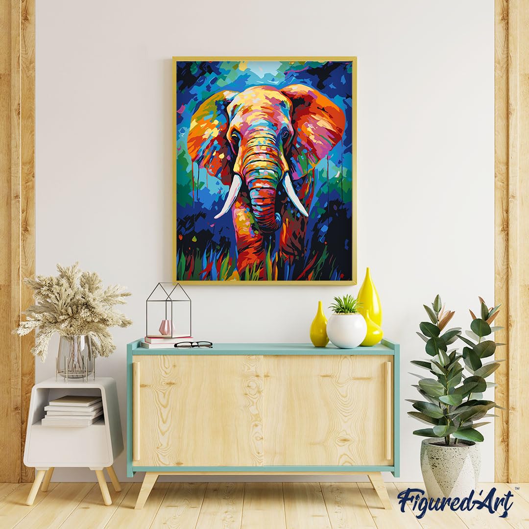 Figured'Art Paint by Number for Adults Colorful Abstract Elephant 16"x20" - Craft Art Painting Rolled Canvas with DIY Wooden Frame Figured'Art