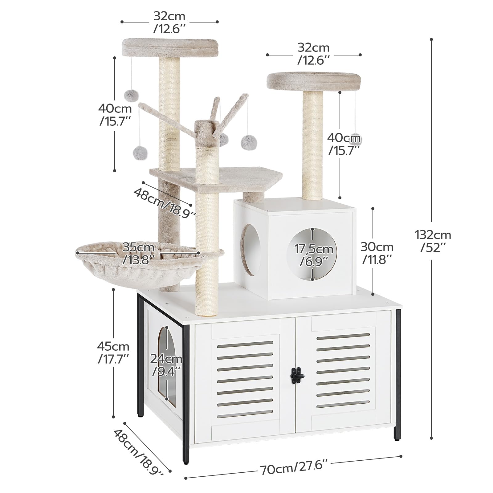 HOOBRO Cat Tree with Scratching Posts, Cat Tower Litter Box Enclosure Furniture for Indoor Cats, All-in-One Wooden Cat House Condo with Cat Hammock, Detachable Teaser Sticks, White BW14MZ03 - WoodArtSupply