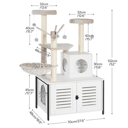 HOOBRO Cat Tree with Scratching Posts, Cat Tower Litter Box Enclosure Furniture for Indoor Cats, All-in-One Wooden Cat House Condo with Cat Hammock, Detachable Teaser Sticks, White BW14MZ03 - WoodArtSupply