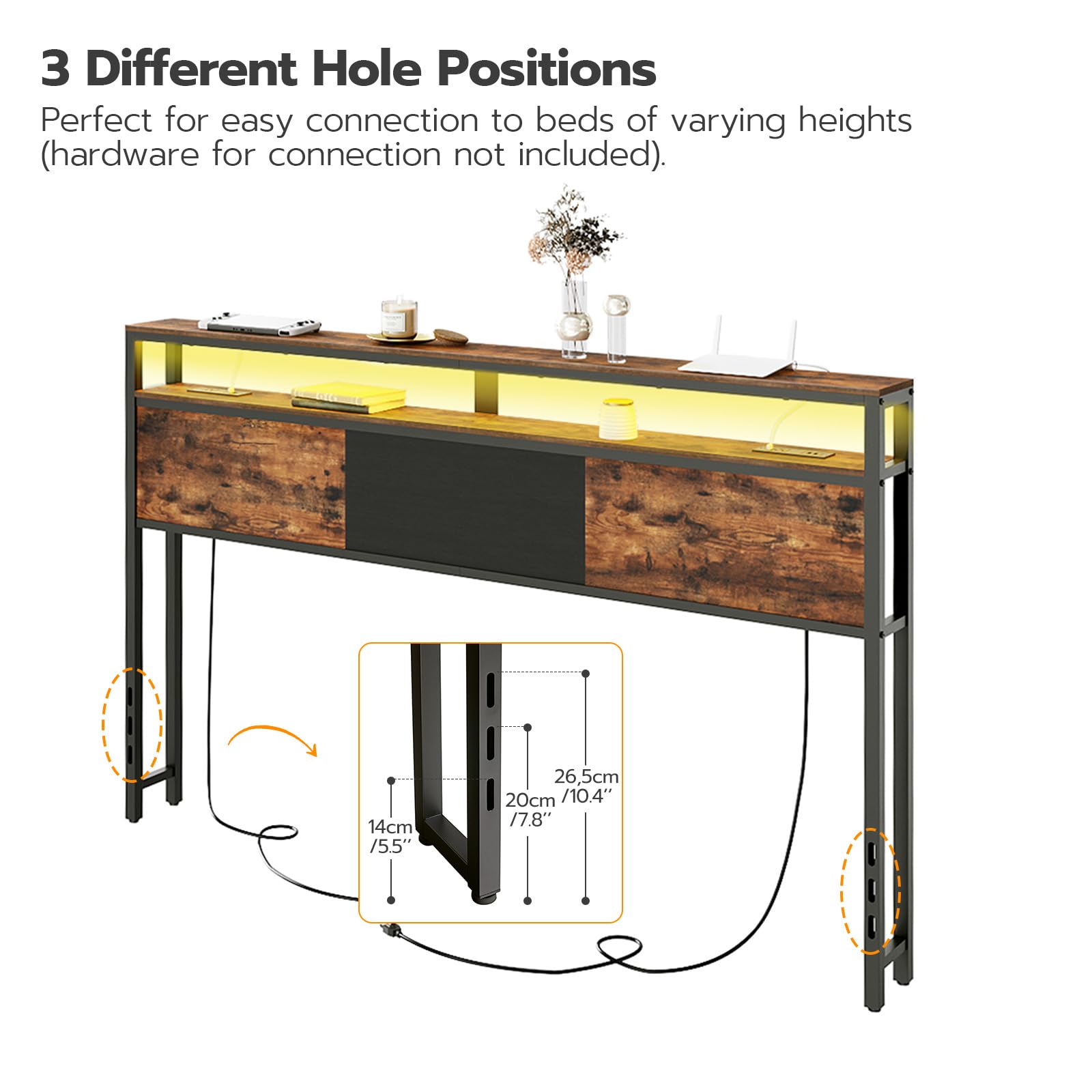 HOOBRO King Size Headboard, LED Headboard with 2 Storage Shelves, Storage Rack with 2 Outlets and 4 USB Ports, Adjustable Height, Sturdy and Stable, Easy Assembly, Rustic Brown and Black - WoodArtSupply