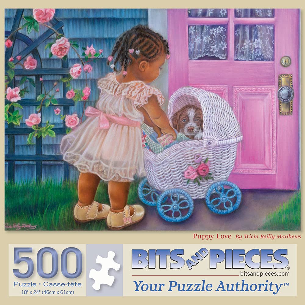 Bits and Pieces - 500 Piece Jigsaw Puzzle for Adults 18" x 24" - Puppy Love - 500 pc Cute Toddler Dog Carriage Flowers Jigsaw by Artist Tricia Reilly-Matthews Bits and Pieces