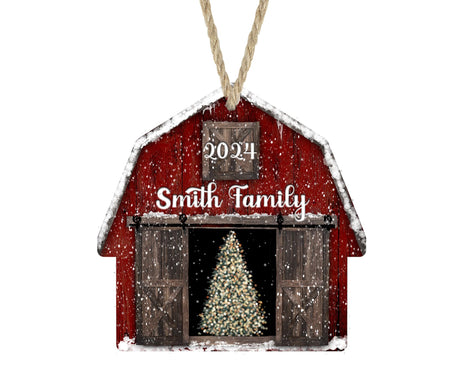 Personalized Christmas Ornaments 2024 Red Barn Farmhouse Wood Custom Farm Gift Stocking Stuffer Handmade by The Painted Pug (Red Barn Personalized) The Painted Pug