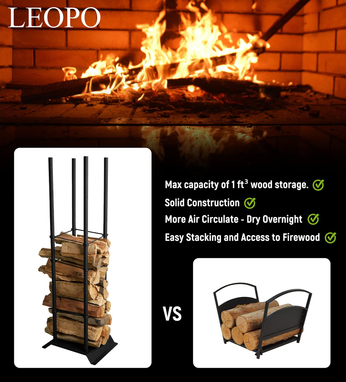 LEOPO Industrial Fireplace Log Holder Tower, Frame Indoor Outdoor Log Holder, Heavy Duty Wood Rack for Firewood LEOPO