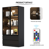 Wildhome Display Cabinet with Glass Doors & 2 Drawers,LED Lights Glass Display Case,Showcase for Collections, Curio Cabinets, Bookcase and Glassdoor Display Cabinet(Black- 2 Drawers) Wildhome
