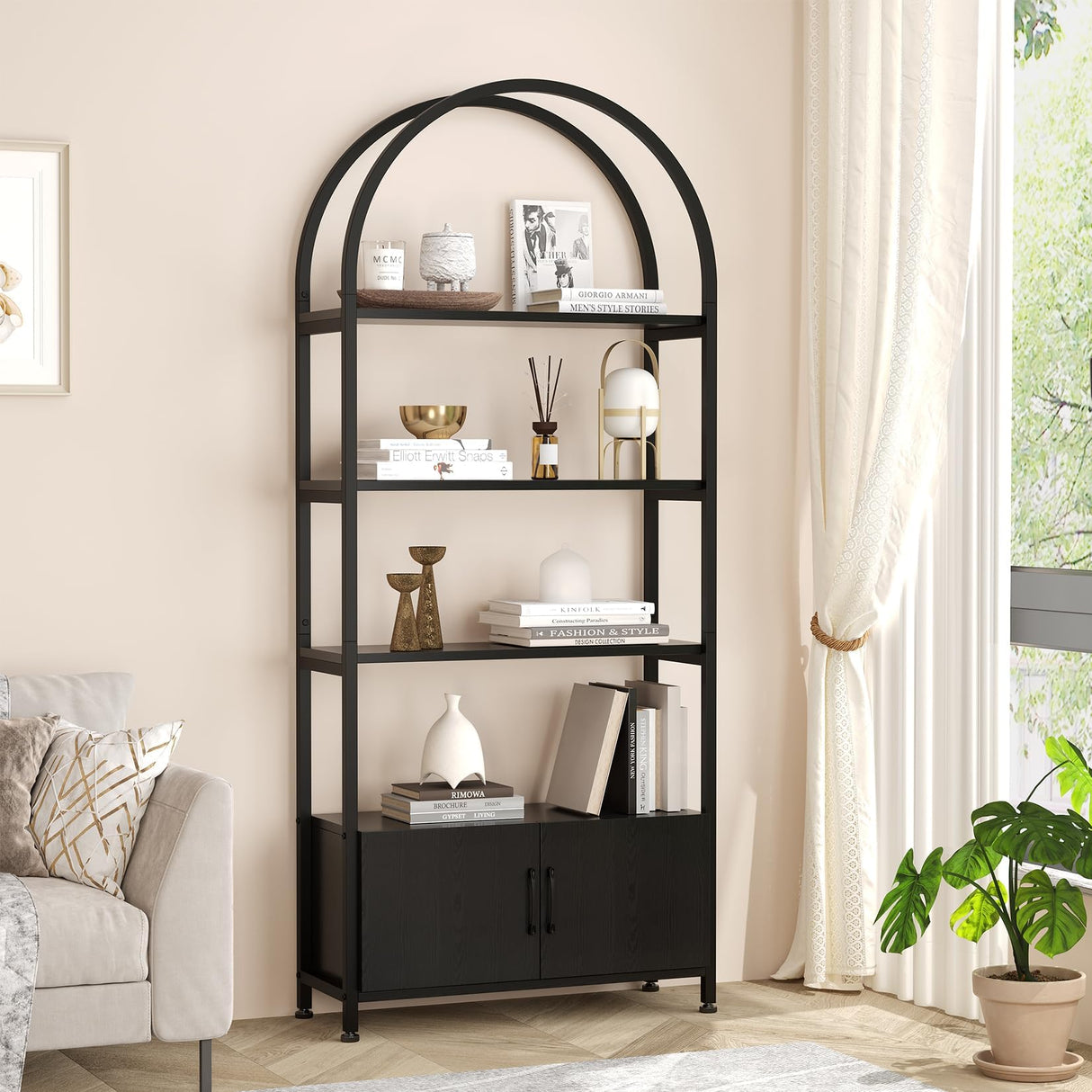 GarveeHome 4 Tier Bookshelf, Arched Bookcase with Doors Storage, 71.5 in Tall Industrial Book Shelf with Sturdy Metal Frame and Quality Boards, Freestanding Display Shelving Bookshelf for Study,Black GarveeHome