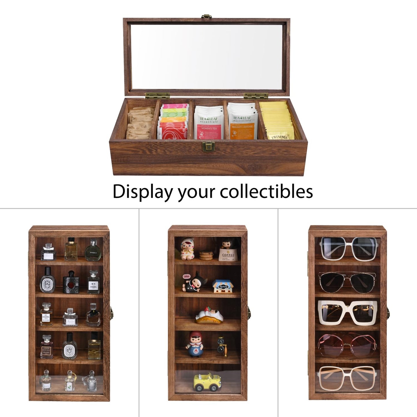 Ikee Design Wall Mounted Wooden Collectible Display Case 5 Shelf Display Storage Accessories with Tempered Glass Door, Sunglass Cabinet, Wall Shadow Box, Brown Color