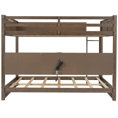 Wood Bunk Bed Queen over Queen Size with Built-in Storage Cabinets and USB Ports, Versatile Bunk Bed Frame with Ladder and Guardrail for Kids Teens Adult, Maximize Space (Antique Wood-9.30)