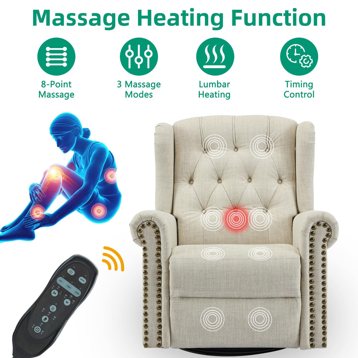 VIVIJASON Power Swivel Rocking Recliner Chair with Massage & Heat, Electric Rocker Nursery Glider Chair, Wingback Tufted Upholstered Recliner W/Type-C & USB Ports for Living Room, Bedroom, Beige VIVIJASON