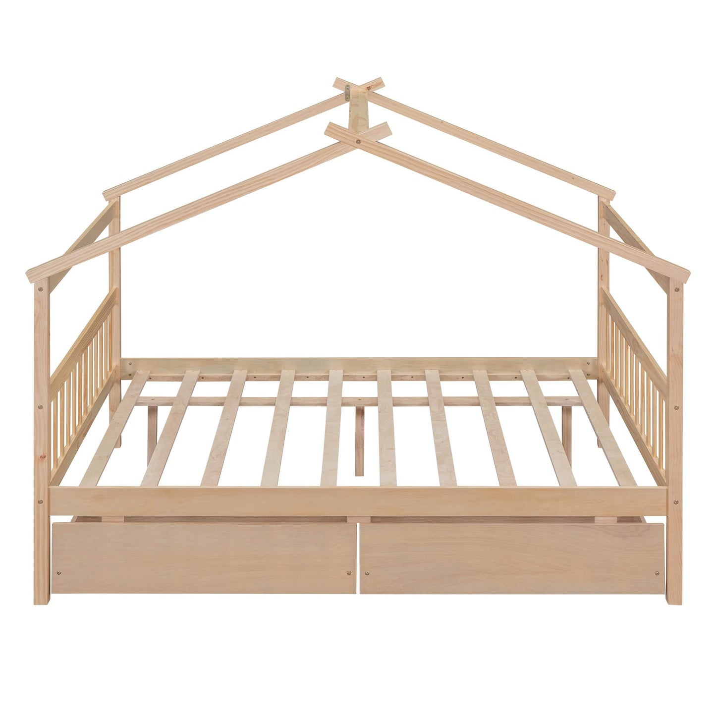 BOVZA Full Size Wooden House Bed with Storage Drawers for Kids - Natural Montessori Design