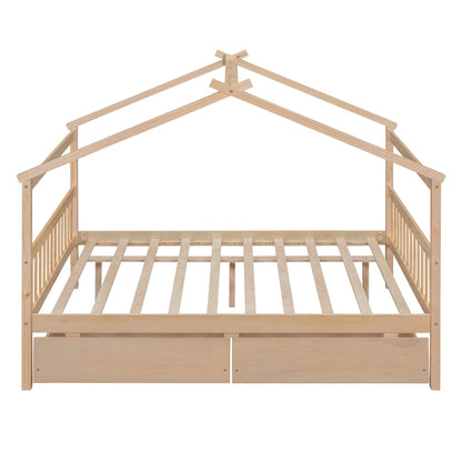 BOVZA Full Size Wooden House Bed with Storage Drawers for Kids - Natural Montessori Design