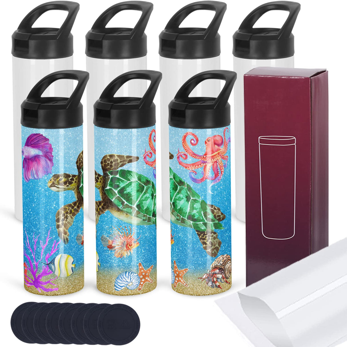 8 Pack Sublimation Tumblers Bulk, 20 OZ Skinny Straight Sublimation Sports Tumbler Blanks, Double Wall Stainless Steel Sublimation Water Bottle Bulk with Portable Handle, Individually Micellwuu