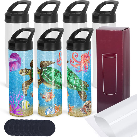 8 Pack Sublimation Tumblers Bulk, 20 OZ Skinny Straight Sublimation Sports Tumbler Blanks, Double Wall Stainless Steel Sublimation Water Bottle Bulk with Portable Handle, Individually