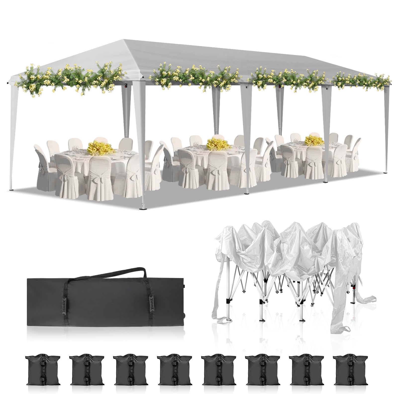 10x30 Pop Up White Canopy Outdoor Tent Party Tent with no Sidewalls, Wedding Party Tent Outdoor Canopy Waterproof UV50 Canopy Tent Event Shelter for Parties, 8 pcs Weight Bag,Carry Bag - WoodArtSupply