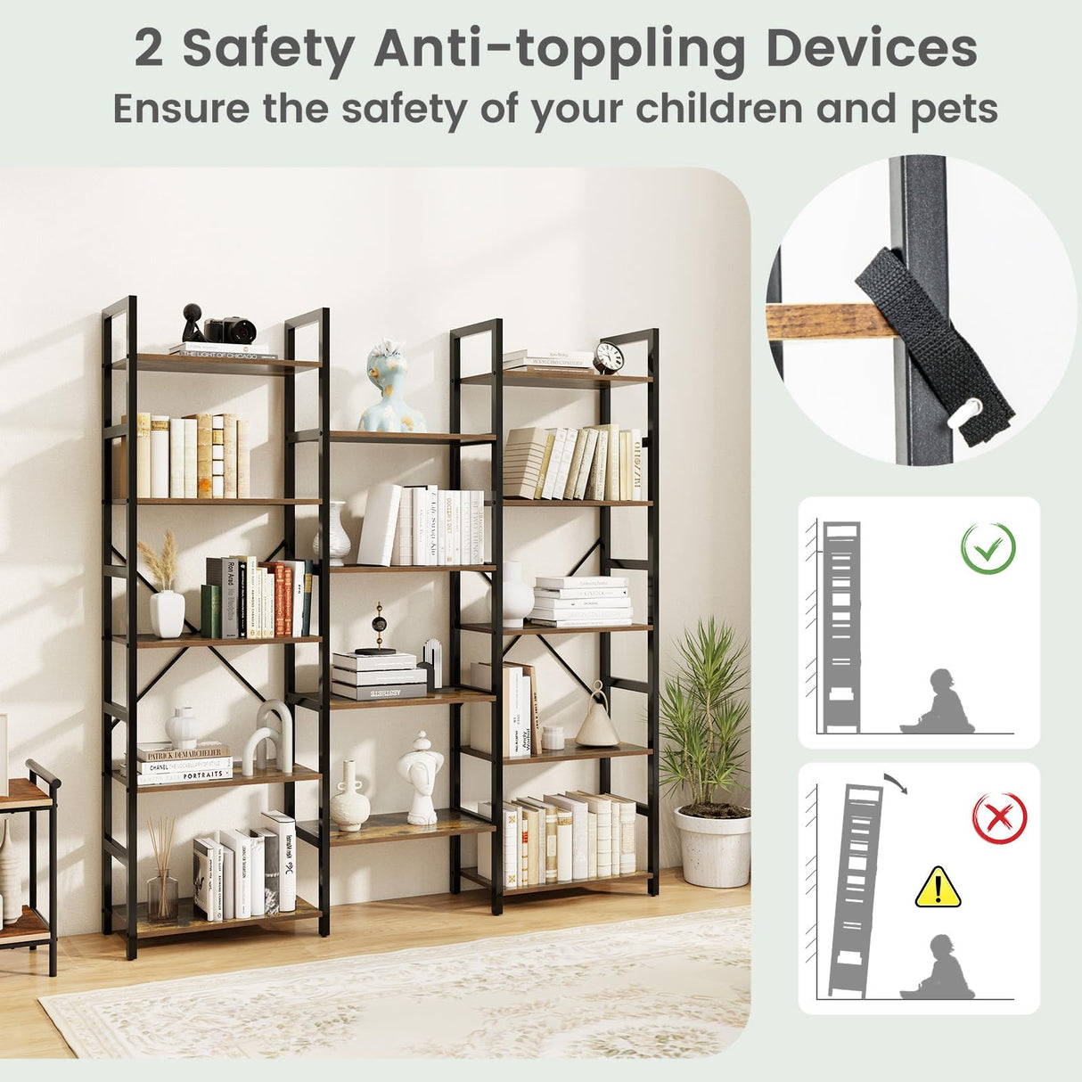 Giantex 5-Tier Industrial Bookshelf, Triple Wide Heavy-Duty Metal Frame Bookcases w/ 14 Open Shelves, Large Floor Standing Display Shelf Rack w/Anti-tip Kits, Storage Shelf for Living Room Study Giantex