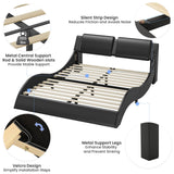 DICTAC Queen Bed Frame with Led Lights and Charging Ports Modern Faux Leather Upholstered Queen Size Platform Bed with Headboard Wave Like Curve Low Profile Bed,Wood Slats Support,Easy Assembly,Black DICTAC
