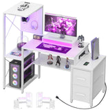Small Gaming Desk with 2 Fabric Drawers - Reversible Computer Desk with Power Outlet & LED Lights, 49" Office Desk with Monitor Stand & Storage Shelves, Writing Study Table with Pegboard, White Besiost