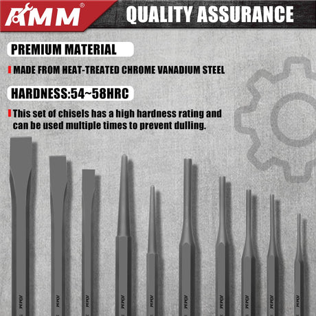 AMM 16PCS Punch and Chisel Set, including Taper Punch, Cold Chisels, Pin Punch and Center Punch, Cr-V for Working with Wood, Metal, Automotive AMM